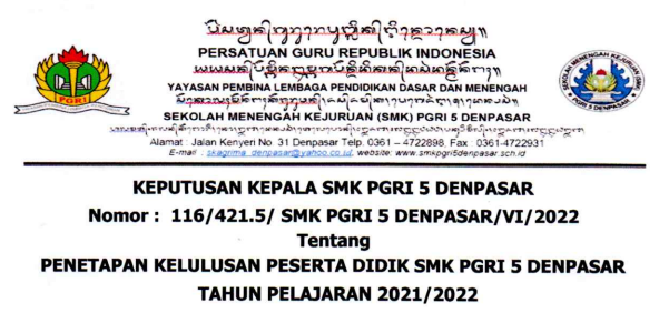 SK Penetapan Kelulusan SMK PGRI 5 Denpasar TP 2021/2022